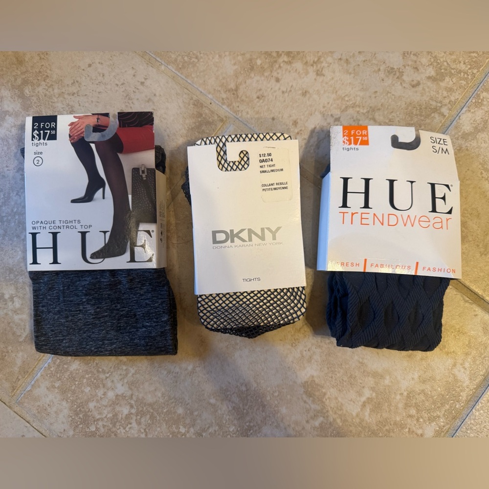 3 Pair HUE & DKNY Gray Opaque & Cable Knit & Black Fishnet Tights Pack NWT S M